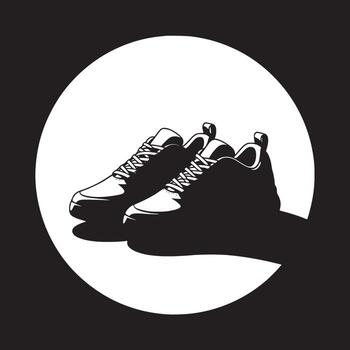 A monochrome image showing two athletic shoes in front of a white circle on a black background vector