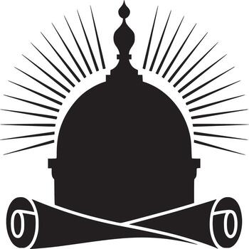 silueta de un Hazme edificio con radiante líneas y un Desplazarse en un blanco antecedentes diseño vector