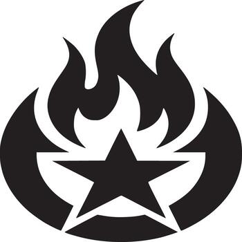 A black and white emblem featuring a star within a circle and flames above it design element vector