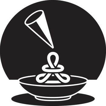 Black and white graphic of a cone above a bowl with a decorative design on a round background vector
