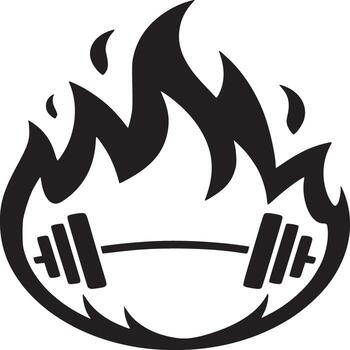 A black and white graphic of a barbell engulfed in flames on a plain white background design element vector