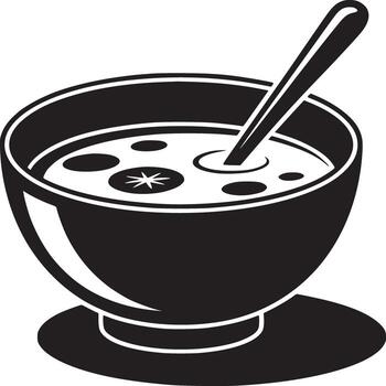 Monochrome illustration of a bowl of soup with a spoon on a white background close up view image vector