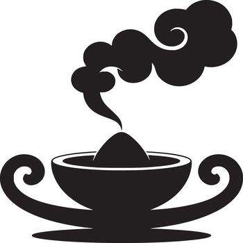 Black and white graphic of a bowl with smoke emanating from it on a white background simple design vector