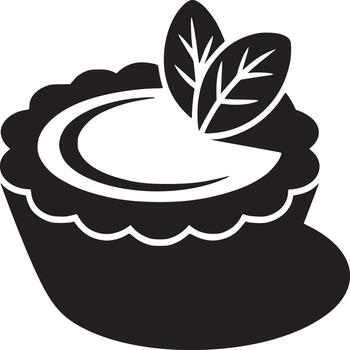 A black and white graphic of a pie with two leaves on top in a simple and modern style design vector