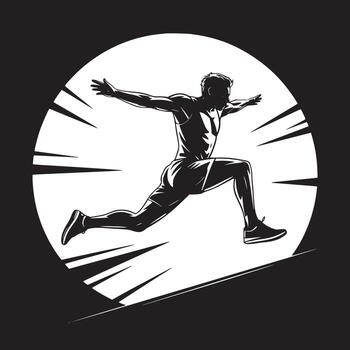 Silhouette of a man in running pose with arms outstretched inside a white circle on black background vector