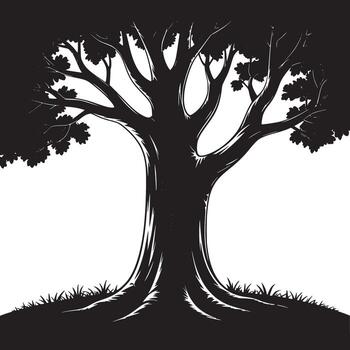 A stark black and white image of a large tree with a thick trunk and branches against a white background vector