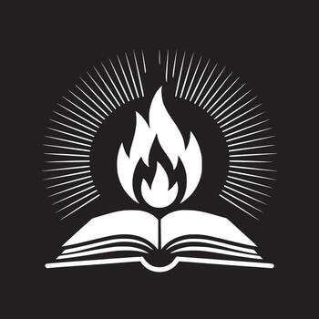 A white graphic of an open book with a flame above it and radiating lines on a black background vector