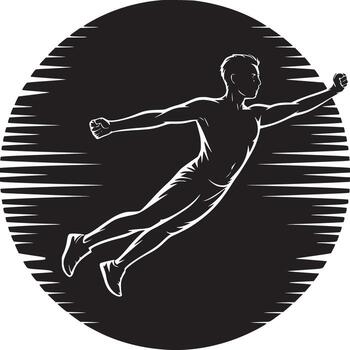 A stylized figure of a man flying in a black circle with horizontal white lines emanating from it vector
