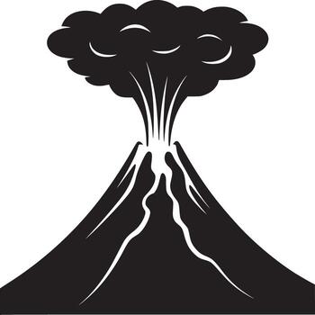 A monochrome image depicting a volcano erupting with a cloud of smoke above it on a white background vector