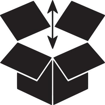 A black and white graphic of an open box with an up and down arrow above it in the center of the box vector