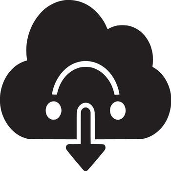 A black cloud with a downward arrow and a curved line with circles on a white background icon art vector