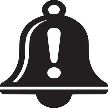 A black and white graphic of a bell with an exclamation point in the middle on a white background vector