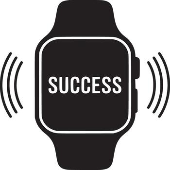 A black and white image of a smartwatch displaying the word success with signal waves on the sides vector