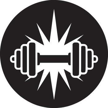 A black and white graphic design of a dumbbell inside a circle with starbursts behind it design vector