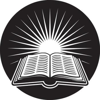 An open book with light rays emanating from behind it inside a black circle on a white background vector