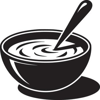 A black and white illustration of a bowl of soup with a spoon in it on a white background simple design vector