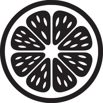 Black and white graphic illustration of a citrus fruit slice with segments and seeds inside a circle vector