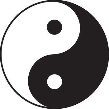 A black and white yin yang symbol with two small circles on a white background in a square format vector