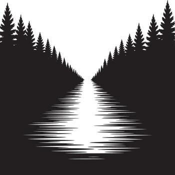 A monochrome landscape with coniferous trees lining a reflective path towards a bright horizon line vector