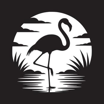 silueta de flamenco en pie en agua con césped y nubes en contra un blanco circulo antecedentes vector