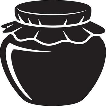 A black silhouette of a jar with a lid and fabric covering on a white background in a simple style vector
