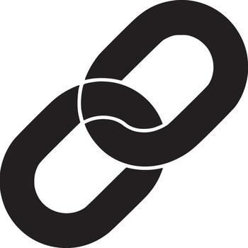 A simple black and white graphic depicting two interlocking chain links on a white background space vector