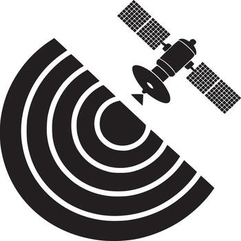 Satellite communication icon with solar panels and signal waves in black and white design style vector