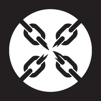 A circular design with four black chains pointing inward on a white circle with a black background vector