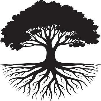 A silhouette of a tree with a full crown and visible roots against a white background in a circle shape vector