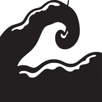 A black and white illustration of a wave with a swirl and a wavy line underneath on white background vector