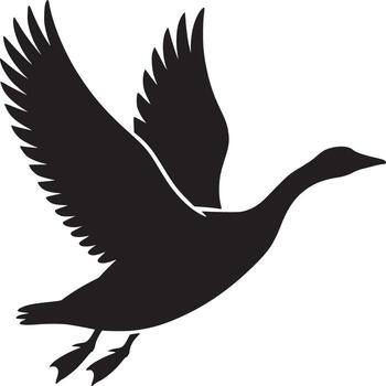A silhouette of a goose in flight with its wings spread wide against a plain white background space vector