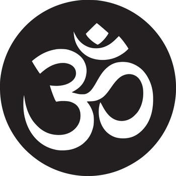 A black circle containing a white om symbol centered on a white background in a simple graphic style vector