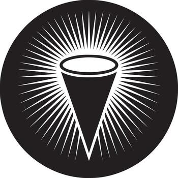 Black and white graphic design featuring a cone shape with radiating lines in a circular frame vector