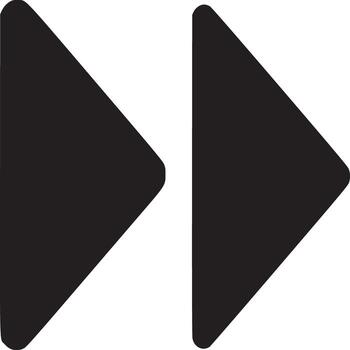 A minimalist image of two solid black forward arrows pointing right on a plain white background space vector