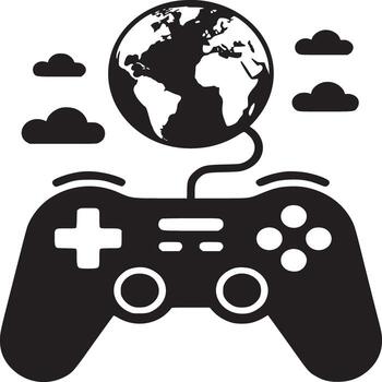 A black and white illustration of a game controller connected to a globe with clouds around it vector