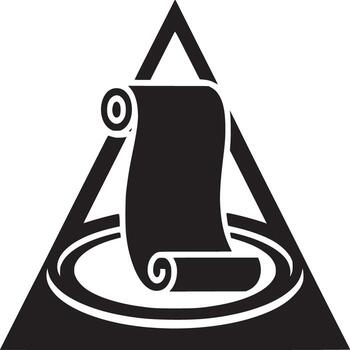 A black and white graphic illustration of a scroll inside a triangle shape on a white background vector
