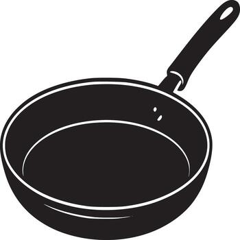 Illustration of a black frying pan with a handle on a white background in a simple graphic style vector