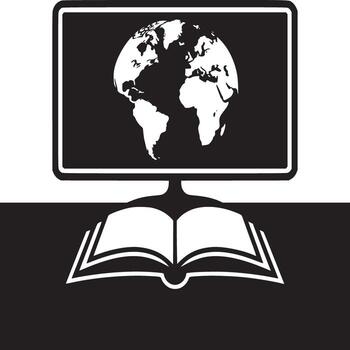 A black and white image of a monitor displaying a globe above an open book on a split background vector