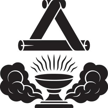 Black and white logo with triangle scroll above a smoking chalice on a white background design vector