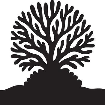 A stylized black tree silhouette with rounded branches against a white background in minimalist style vector