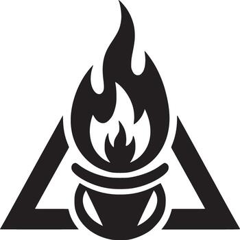 A black and white graphic of a flame above a cauldron inside of a triangle on a white background vector