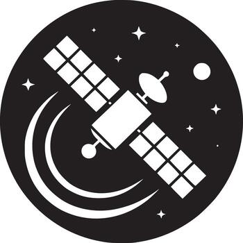 A black and white emblem of a satellite orbiting with stars and a planet in a circular design vector