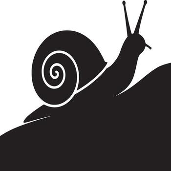 Black silhouette of a snail with a spiral shell crawling on a surface against white background art vector