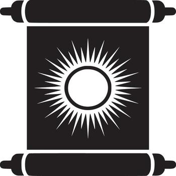 A black and white illustration of a scroll with a sunburst design on the paper section of the scroll vector