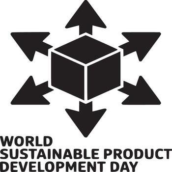A black cube with arrows pointing outwards and world sustainable product development day text below it vector