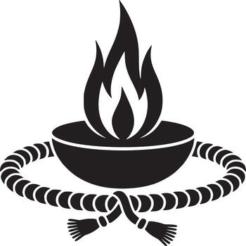 Black and white graphic of a flame in a bowl surrounded by a rope with tassels on a white background vector