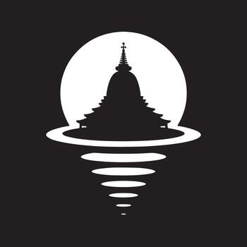 silueta de un pagoda con un cruzar en parte superior en frente de un blanco circulo con reflexiones abajo eso vector