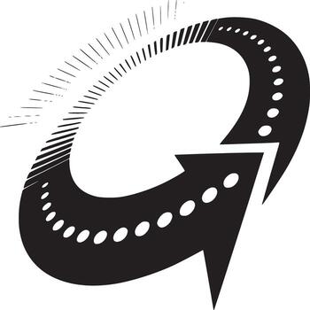 A black and white graphic of a circular arrow with lines and dots on a plain white background art vector