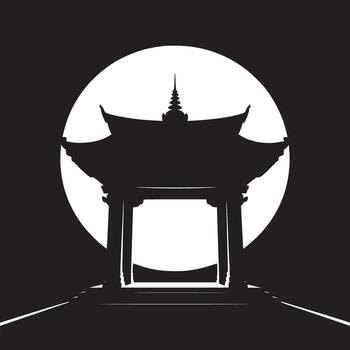 Silhouette of a pagoda structure against a bright full moon in a stark black and white image style vector