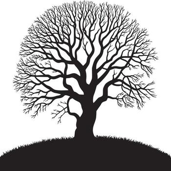Silhouette of a bare tree with intricate branches standing on a grassy hill against white background vector